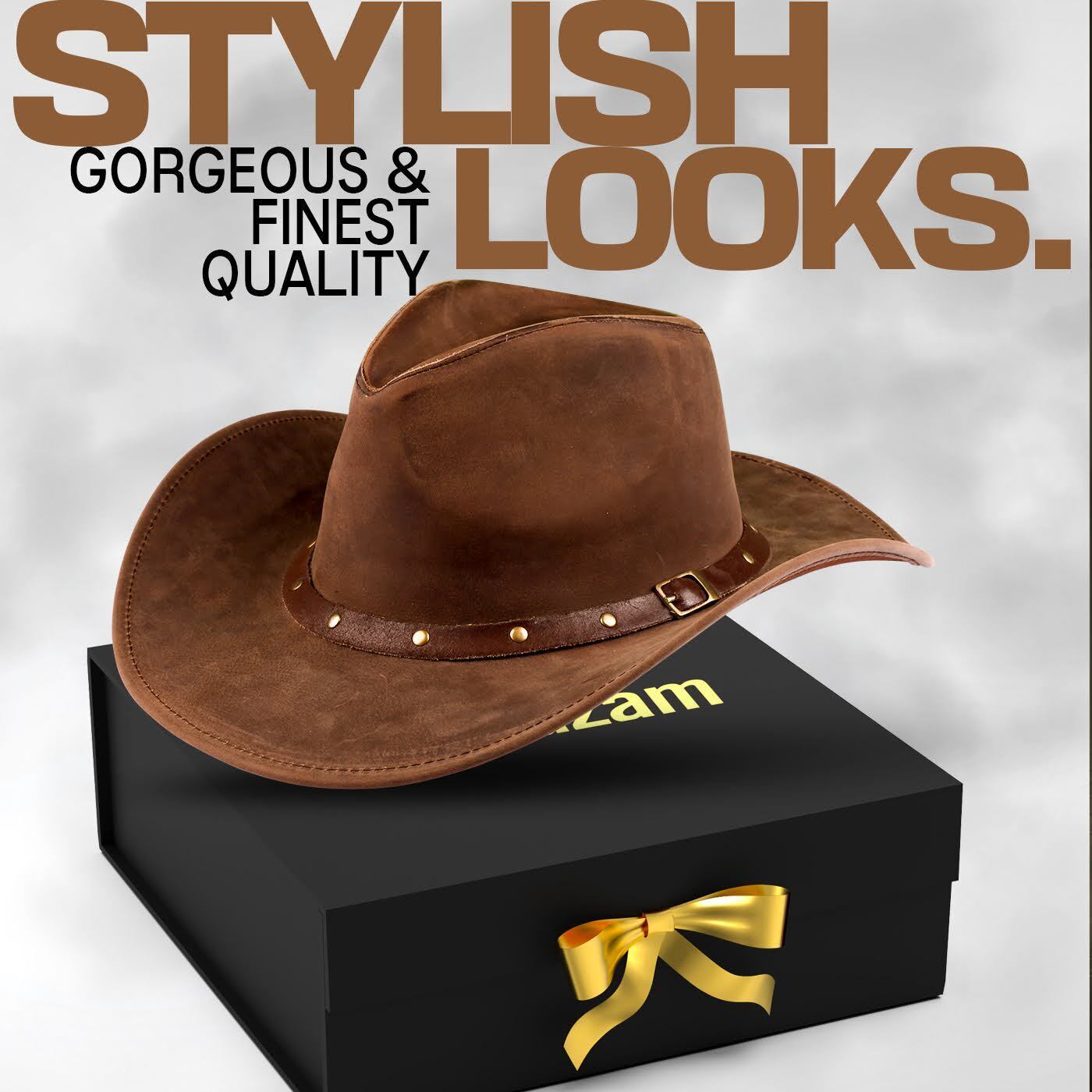 Brown Shapeable Leather Western Outback Cowboy Hat for Men and Women