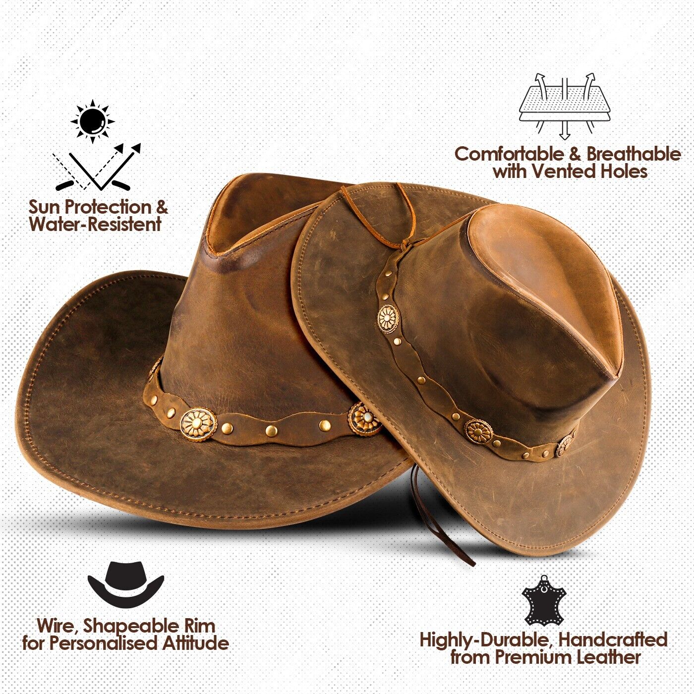 Brown Shapeable Leather Western Outback Cowboy Hat for Men and Women