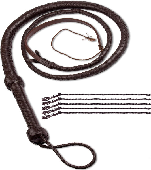 HADZAM Leather Whip with Strong, Well-Balanced Handle for Cracking Sound, 5 Extra Crackers