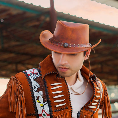 Men and Women Brown Genuine Leather Shapeable Cowboy Western Hat