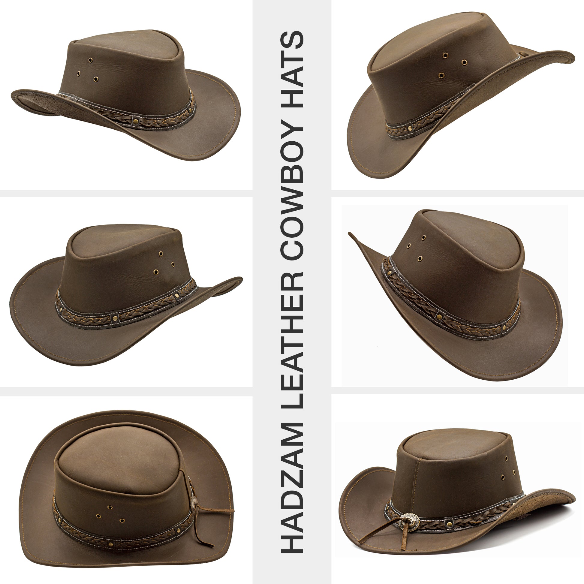 HADZAM Brown Leather Western Cowboy Hat