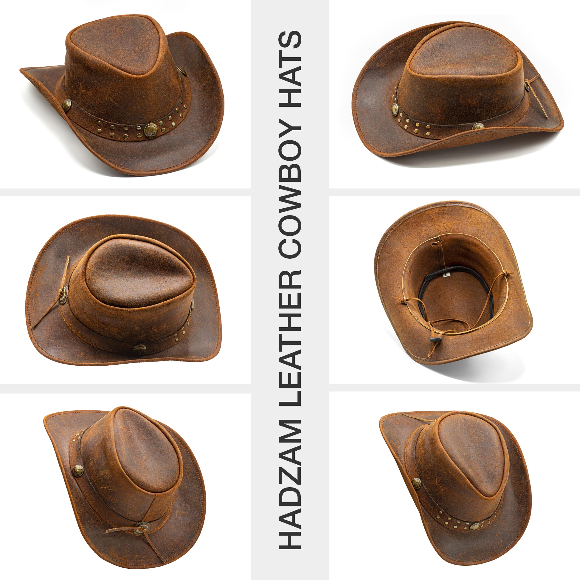 HADZAM Jungle unisex Australian Style Grain Leather Cowboy Hat for Men & Women Shapeable Western Outback Leather Hat Brown, Medium